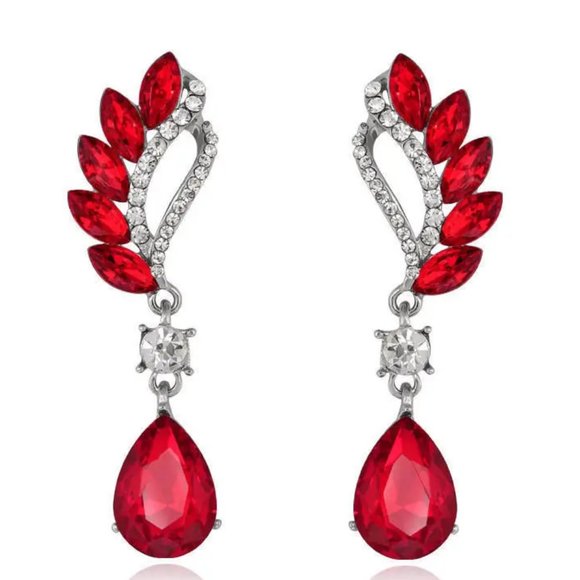 Red Waterdrop Wings Shaped Drop Earrings Silver Plated Retro Dangle Earrings - Picture 1 of 2